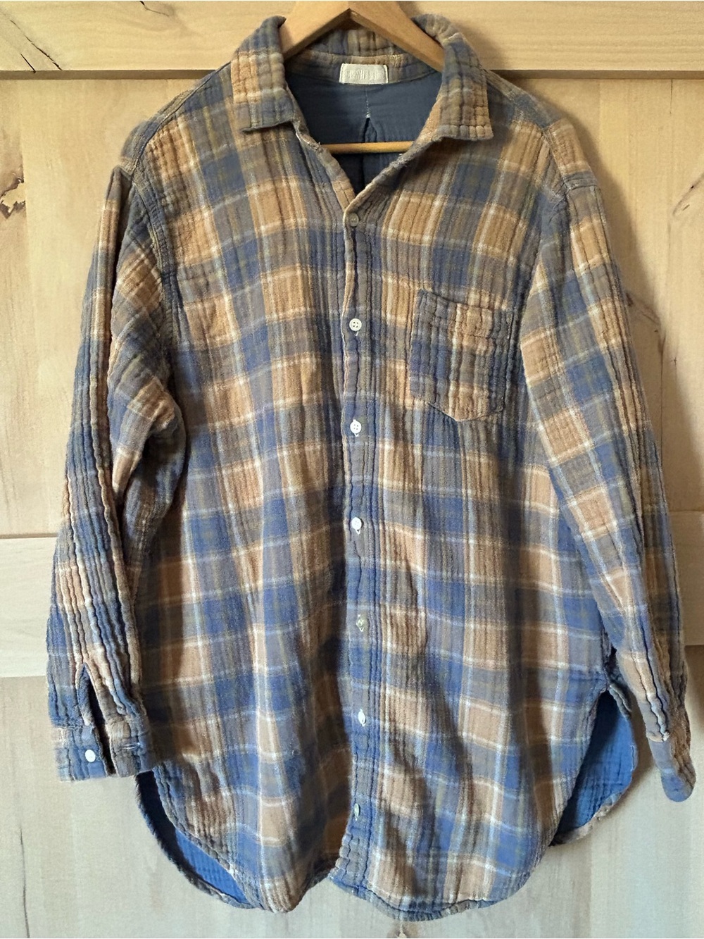 CP Shades Double Gauze Cotton Blue Tan Plaid lightweight button down, Large